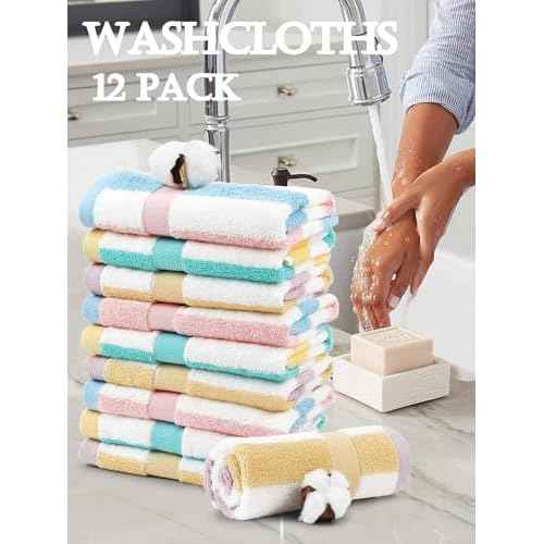 Jacquotha Cotton 12 Pack Striped Washcloths, 13 x 13 Inches, 3 Colors - Face and Body Cleansing Towels