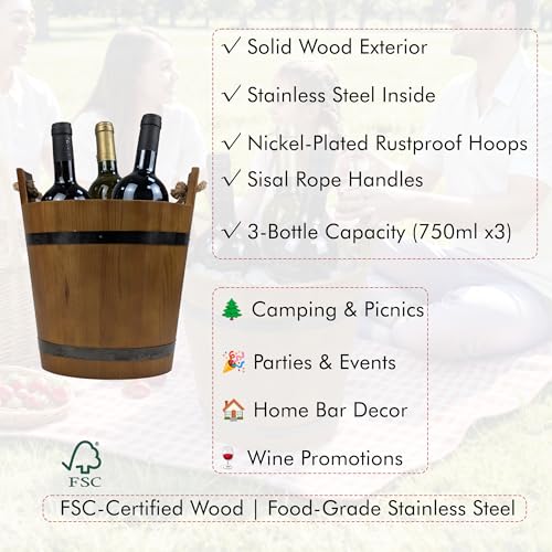 Stylish Farmhouse Ice Bucket with Galvanized Metal Liner - Durable Wooden Drink Tub for Chilling Wine, Beer, and More - Gr...