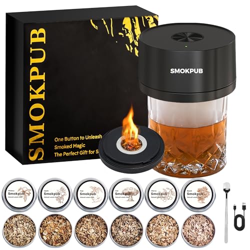 SMOKPUB Electric Whiskey Smoker Kit Built-in Lighter, No Butane Needed, Rechargeable Cocktail Smoker Kit with 6 Wood Chip...