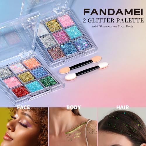 FANDAMEI Face Glitter, 2 PCS Face Glitter Gel 18 Grids, Body Hair Glitter for Kids Women for Makeup, Halloween Rave Concer...