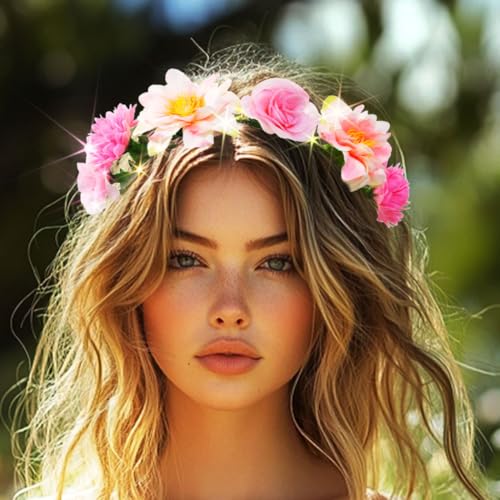 DRESBE Light Up Flower Headbands LED Floral Garland Crown Headband Glowing Party Wreath Hair Accessories for Women (Pink)