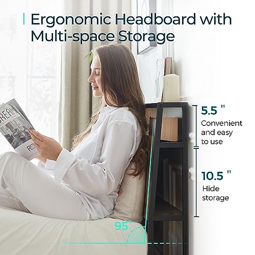LINSY Queen Bed Frame with Ergonomic Headboard, Platform Metal Bed Frame with RGB Lights, Outlets & Charger, 45 Minutes Fast Assembly Bed Queen Size with Storage, No Box Spring Needed, Greige