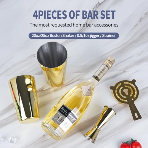 JNWINOG Cocktail Shaker Set 4-Piece Boston Shaker Kit with 20oz/25oz Shaker,Strainerand 0.5/1oz Double JiggerBar Set for H...