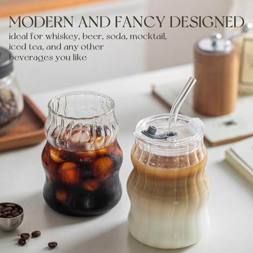 KEMORELA 4PCS Ribbed Glass Cups with Lids & Straws – 18oz Vintage Wavy Coffee Cups, Bubble Glass Aesthetic for Iced Coffe...