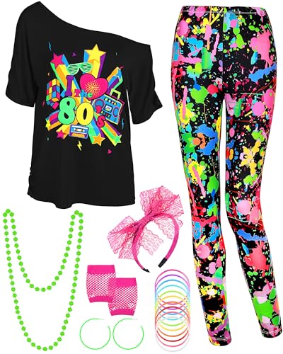 Vinsatin 16 Pcs 80s Costume Outfits Accessories Women T Shirt Legging Pants Gloves Earrings Necklace Bracelets Hairband Sets
