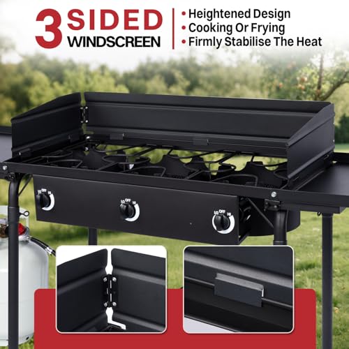 3 Burner Propane Camp Stove | 225,000 BTU Gas Burners | Side Shelves | Windscreen | Waterproof Cover | Detachable Legs | I...