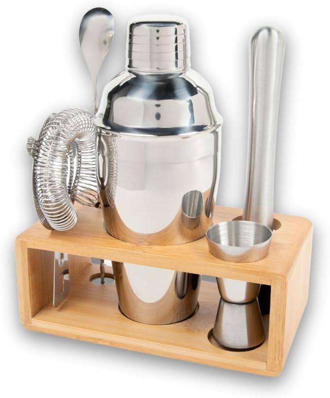 Premium Cocktail Shaker Set with Bamboo Stand, 4-Piece Bar Tools Kit, Stainless Steel Bartender Set with Shaker, Jigger, M...