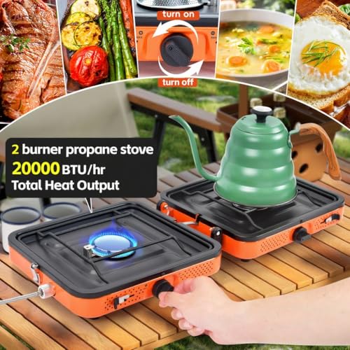 GGC Camping Stove 2 Burner, 20,000 BTU Foldable Camping Stove, Propane Portable Camp Stove with Adjustable Flame, Piezo Ig...