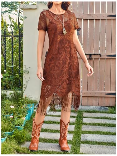 WDIRARA Women's Western Concert 2 Piece Outfits Short Sleeve Sheer Fringe Dress and Cami Dress Set