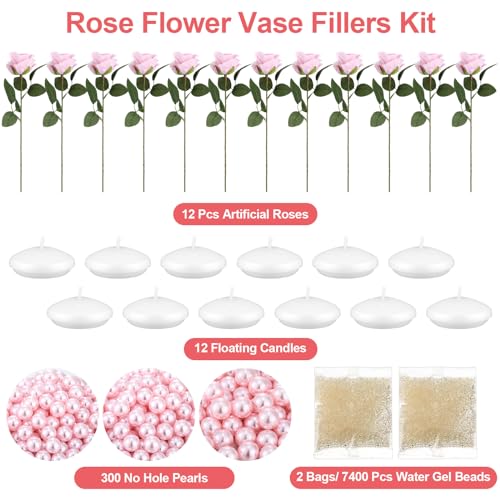 Riceshoot 326 Pcs Floating Flowers Vase Fillers Kit 12 Artificial Rose 12 Floating Candle Centerpieces 300 Pearl 2 Bags Wa...