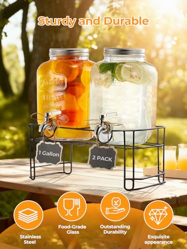 Drink Dispensers for Parties 1 Gallon, 2-PACK Glass Beverage Dispenser with Leakproof Stainless Steel Spigot, Stand, Ice C...