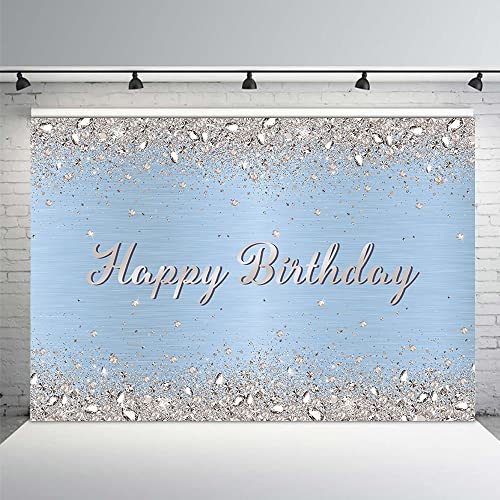 MEHOFOND 7x5ft Glitter Light Blue Birthday Party Decorations Backdrop Shinning Silver Diamond Happy Birthday Decor Photogr...