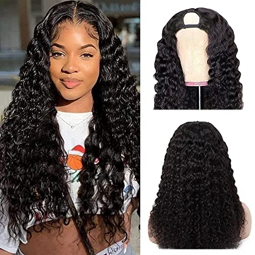 U Part Wigs Human Hair for Black Women Deep Wave Human Hair Brazilian Hair Full Head Clip in Half Wig V Part Glueless Wigs Human Hair Pre Plucked U Shape Wigs (Natural Black, 18 inch)