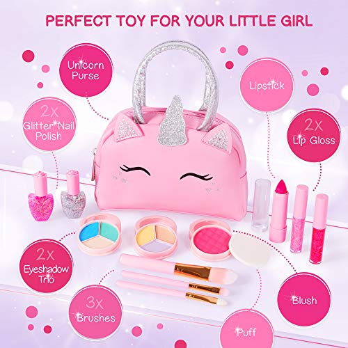 Kids Real Makeup Kit with Pink Unicorn Purse, Non Toxic Washable Make Up Set - Unicorn Toys for Girls Age 4-6, Valentines ...