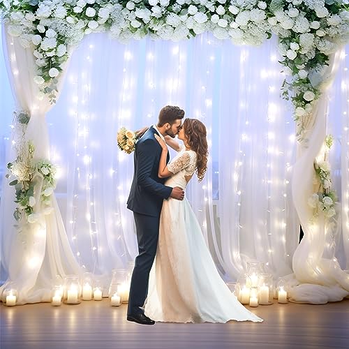 White Tulle Backdrop Curtain with Lights String for Parites 10×8ft Sheer Backdrop Curtains White Curtain Backdrop for Wedd...