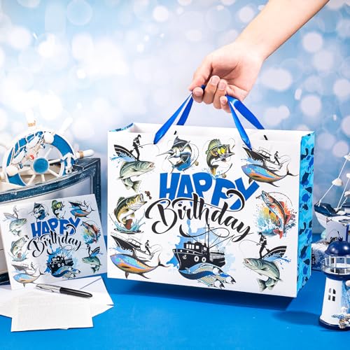 WRAPAHOLIC 13" Adventure Fishing Birthday Gift Bag with Card and Tissue Paper - Navy Blue Fish and Angler Design Paper Bag...