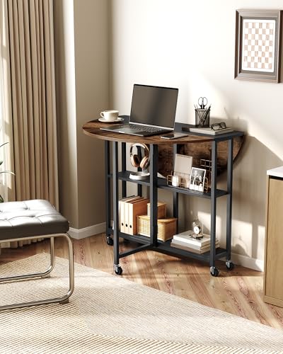CHOEZON Folding Dining Table, Kitchen Table with 6 Wheels, Folding Round Table with 2-Layer Storage Shelf, Space Saving Di...