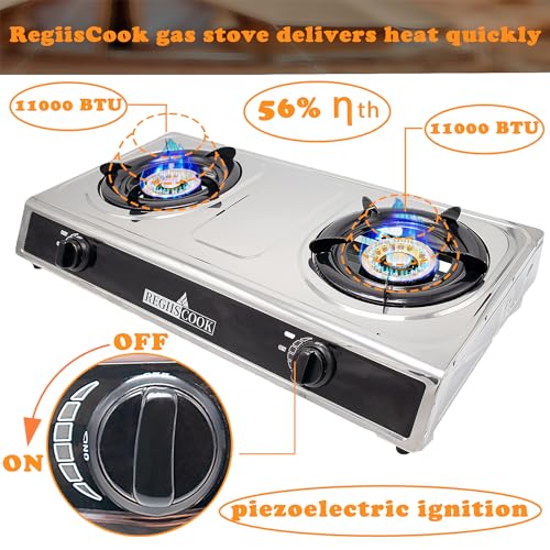RegiisCook Double Burner Propane Gas Cooktop,Camping Portable LPG Gas Stove, Auto Ignition Stainless Steel Countertop with...