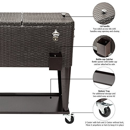 VINGLI 80 Quart Rolling Ice Chest on Wheels, Portable Patio Party Bar Drink Cooler Cart, Wicker PP Rattan with Shelf, Beve...