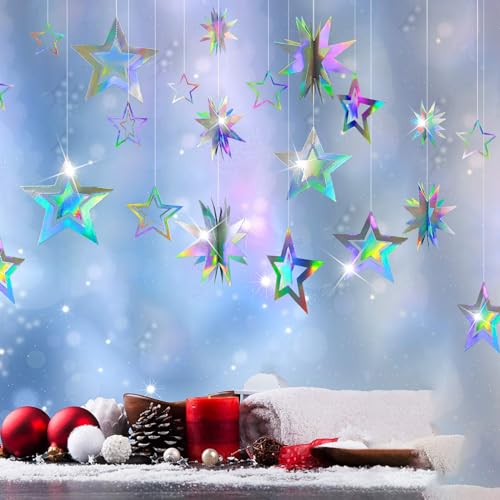 Cheerland Iridescent Star Garland Decorations Holographic Hanging Star Party Decoration Galaxy Birthday Decor Ramadan Eid ...