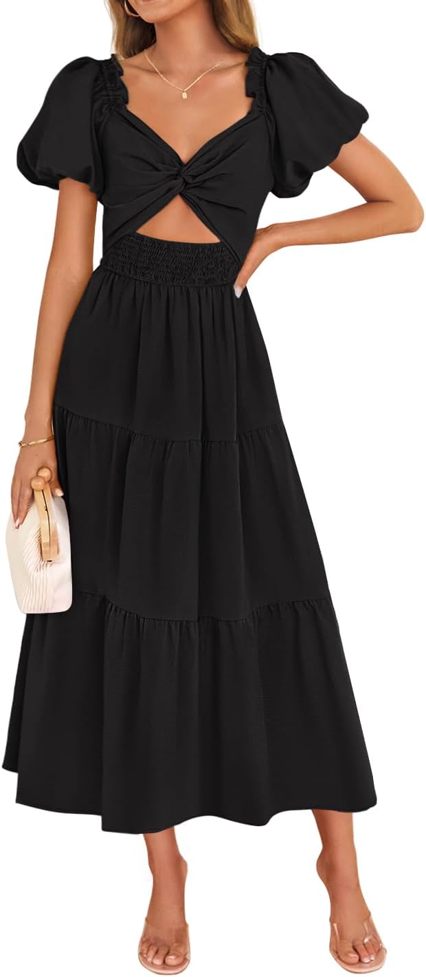 ZESICA Womens Summer Casual Flowy Vacation Maxi Dress 2026 Short Puff Sleeve A Line Smocked Cutout Beach Party Dresses