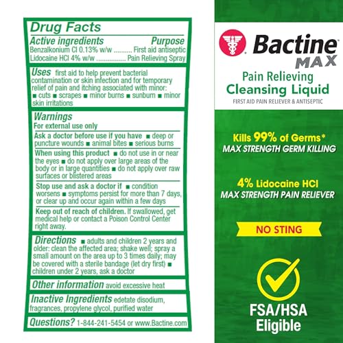 Bactine Max Pain Relieving Antiseptic Spray with Lidocaine, First Aid Pain + Itch Relief, No-Sting, Kills 99% of Germs*, 5oz