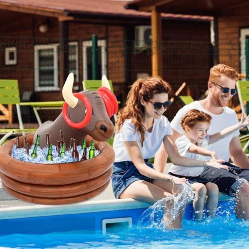Inflatable Water Bull Ice Bucket with Rings Toss,Bull Cooler Beverage Serving Container Christmas Decorations Party Suppli...