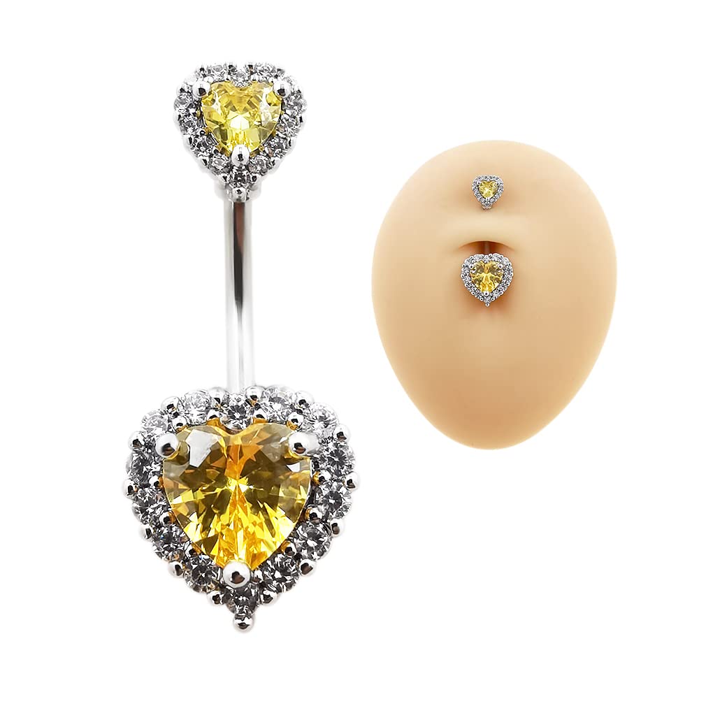 Excepro Belly Rings 316L Surgical SS PVD Plated Multicolor Heart CZ Navel Piercing Shiny Belly Button Rings (yellow)