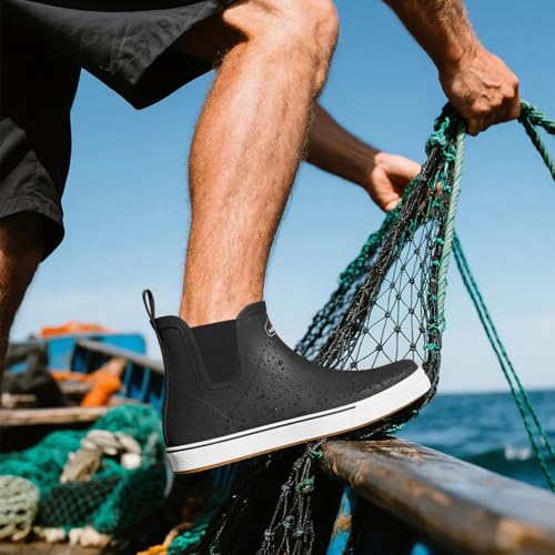 HISEA Men's Deck Boots Ankle Rain Boots Waterproof Rubber Saltwater Fishing Boot for Sailing