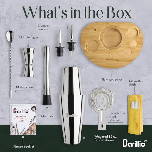 Barillio Elite Mixology Bartender Kit with Stand - Cocktail Shaker Set with Bamboo Stand, Boston Drink Shaker, Mojito Mudd...