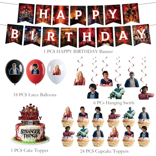 50pcs Stranger season 5 Things Party Supplies Birthday Decorations Set Include Banner, Balloonss, Hanging Swirls, Cake Cup...