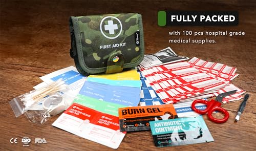 Small First Aid Kit, 100 Pieces Water-Resistant Well Organzied Pouch with Rotatable Buckle - Ideal for Outdoor, Travel, Bi...