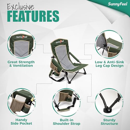 SUNNYFEEL Folding Low Camping Beach Chair 2 Pack, Lightweight Portable Lawn Chair with Mesh Back, Cup Holder for Outdoor/T...