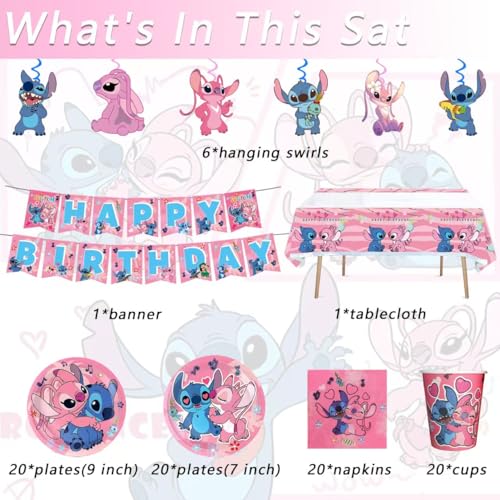 88Pcs pink Stitch Party supplies, including banners, plates, paper cups, tissues, pendant decorations, perfect for Stitch ...