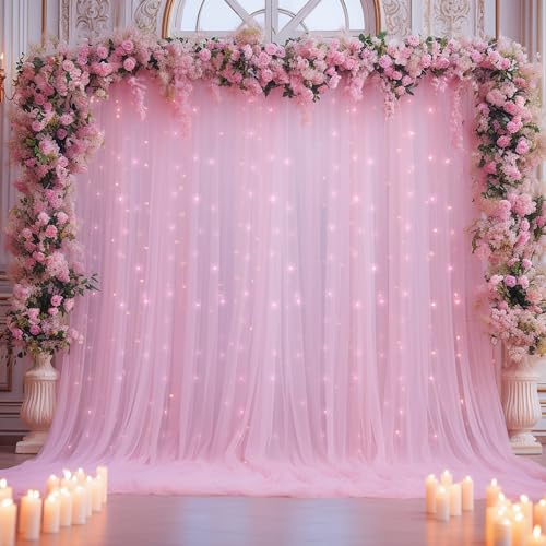 10x10ft Baby Pink Tulle Backdrop Curtain for Parites, Sheer Photo Backdrop Drpaes for Wedding Baby Shower Bridal Girl Show...
