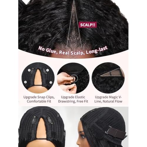 UNICE EasiContour V Part Wigs Human Hair with Drawstring Yaki Straight Glueless Clip in Vpart Wig No Sew in No Glue Beginner Friendly 14 inch