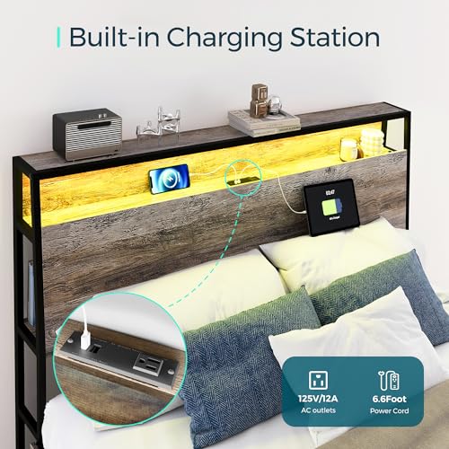 LINSY Queen Bed Frame with Ergonomic Headboard, Platform Metal Bed Frame with RGB Lights, Outlets & Charger, 45 Minutes Fast Assembly Bed Queen Size with Storage, No Box Spring Needed, Greige