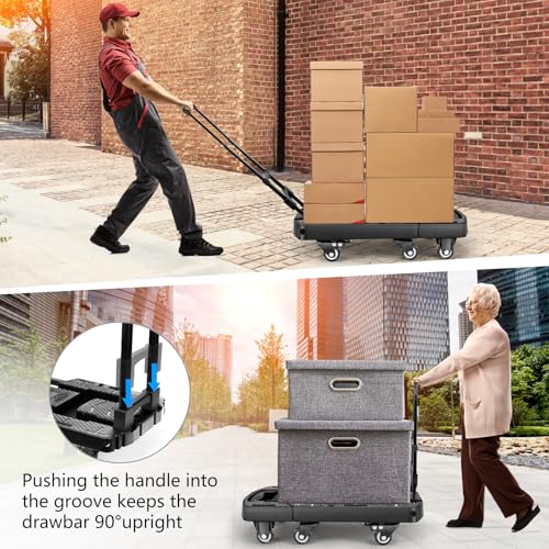 Voipvvii Folding Hand Truck 500lbs, Portable Heavy Duty Dolly Cart, 6 Wheels Collapsible Luggage Cart with 2 Elastic Ropes...