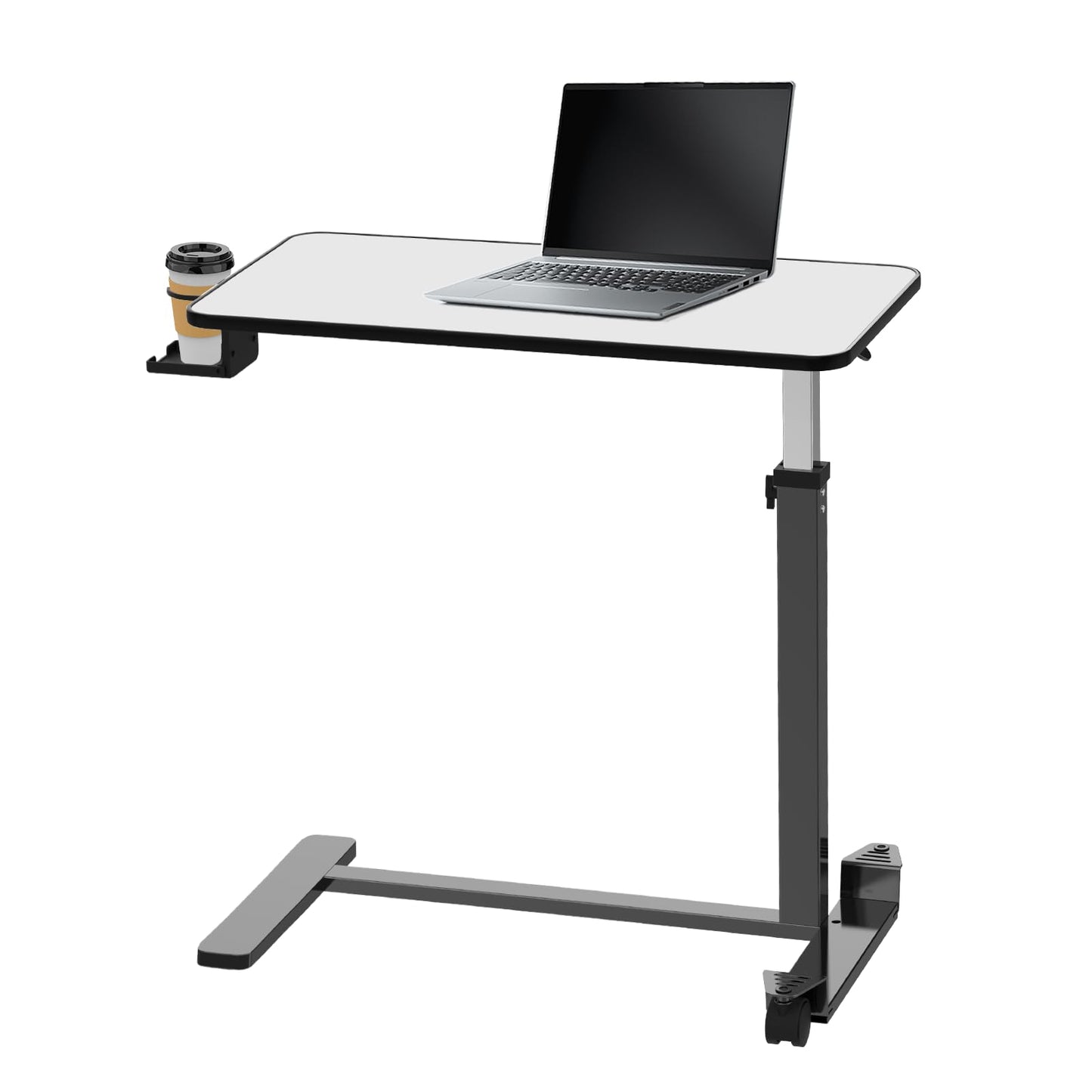 Loyoda Adjustable Overbed Table with Invisible and Lockable Wheels ，Bedside Table with Cup Holder，Standing Desk for Medical or Home use Silver-Grey Color（30.3" W x 15.3" D）