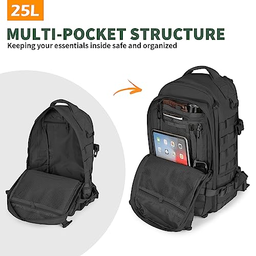 CamGo Military Tactical Backpack 25L MOLLE Hiking Daypack Trekking Rucksack Bug Out Bag for Daily Outdoor Sports(Black-25L)