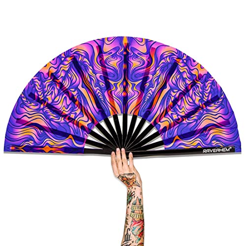Raveahem UV Glow Rave Fan, Bamboo Folding Clack Hand Fans Foldable for Men Women, Boots on the Ground Poping Fan for EDM F...
