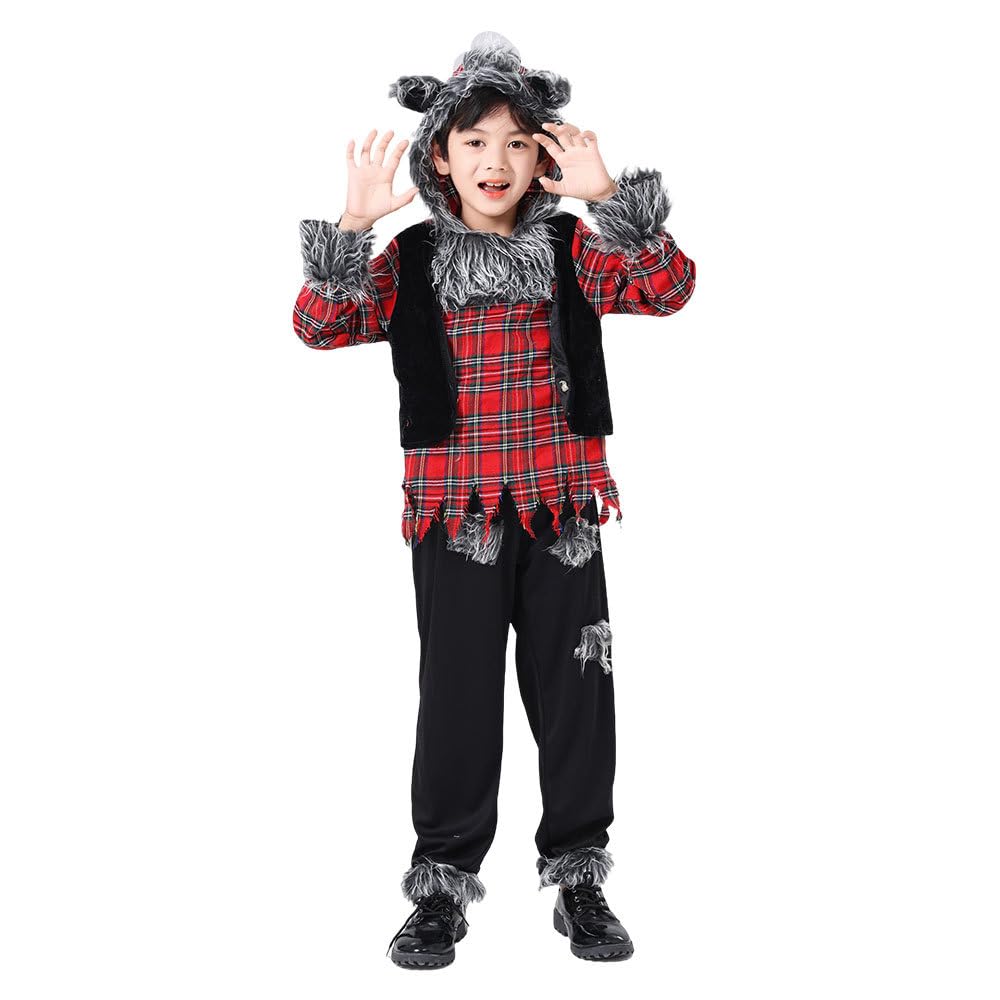 Biutiufiu Wild Wolfie Costume Hungry Howler Werewolf Halloween Costume for Boys Big Bad Wolf Dress Up Party (7-8 Years,Wolf)