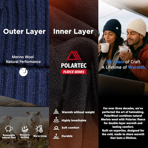 PolarWool™ 100% Merino Wool Polartec® Fleece Lined L/XL/XXL Unisex Warm Windproof Beanie Watch Cap Knit Winter Hat Outdoor