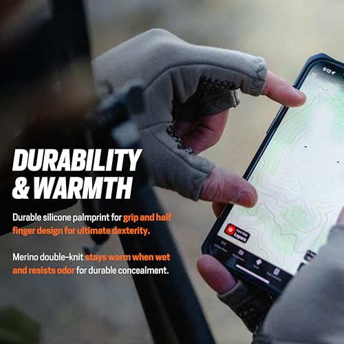 First Lite Rugged Wool Half Finger Glove - Merino Wool Hunting Gloves with Silicone Grip Palm for Shooting Dexterity