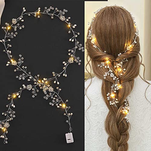 Yean Led Bride Wedding Hair Vine Long Light Up Bridal Headband Silver Crystal Hair Accessories Crystal Costume Party Headp...