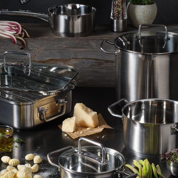 RÖSLE EXPERTISO 4-Piece Pot Set, Universal Pot Set with 3 Pots and 1 Saucepan, 18/10 Stainless Steel, Glass Lids, Scale on Inside, Suitable for Induction Cookers, Dishwasher Safe