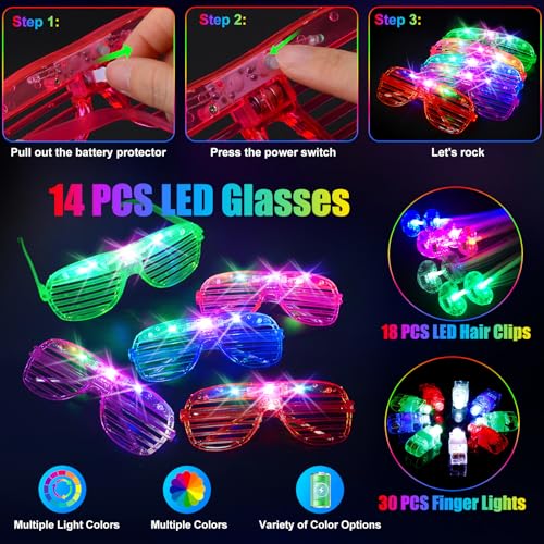 SHQDD 158 PCS Glow in the Dark Party Supplies, 14PCS LED Glasses, 30LED Finger Lights, 14LED Light Hairs and 100PCS Glow S...