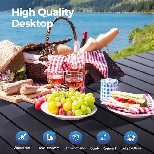 ALPHA CAMP Portable Camping Table, Adjustable Aluminum Folding Table for Picnic, BBQ, Outdoor, Black, 21.65D x 33.07W x 2...