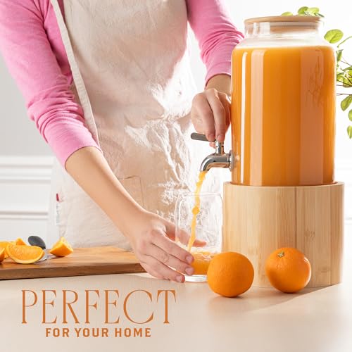 Kitchentoolz 1 Gallon Glass Drink Dispenser for Parties on Bamboo Stand - Premium Borosilicate Beverage Jar with Stainless...