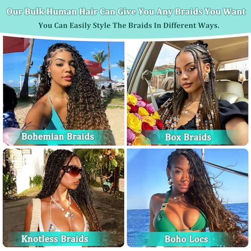 Ombre Human Braiding Hair for Boho Braids 22 Inch 120g Deep Wave Bulk Boho Human Hair for Braiding Curly Knotless Bohemian Braids 12A 100% Brazilian Virgin No Weft Extensions 3 Bundles/Pack T1B/30